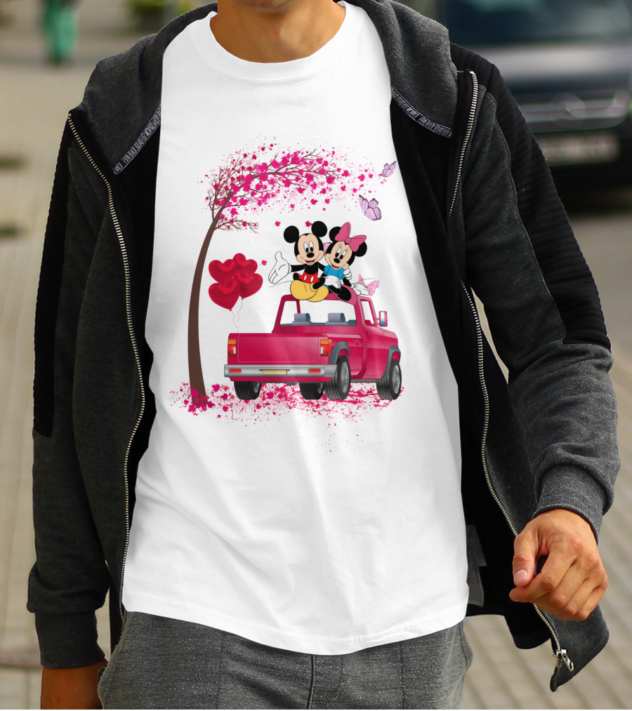 Mickey Minnie Mouse Red Truck Pink Heart Balloons T-Shirt
