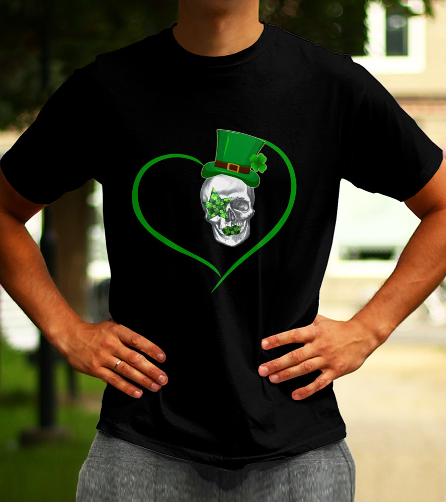 Kiss 02 Skull With Shamrock Star And Green Top Hat Inside Heart Shape T-Shirt
