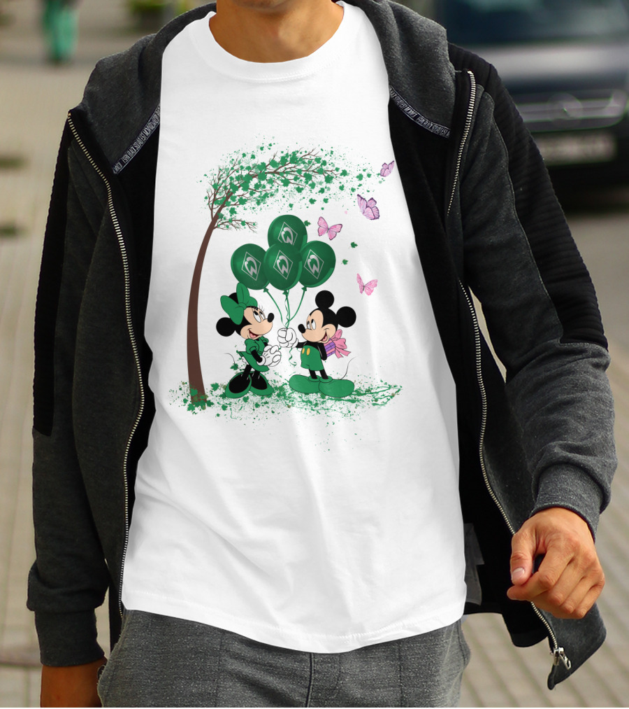Minnie And Mickey With Green Werder Bremen Balloons Scene T-Shirt