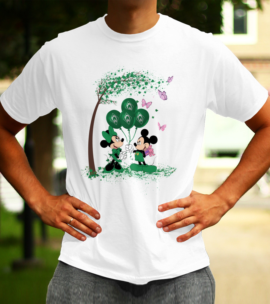 Minnie And Mickey With Green Werder Bremen Balloons Scene T-Shirt