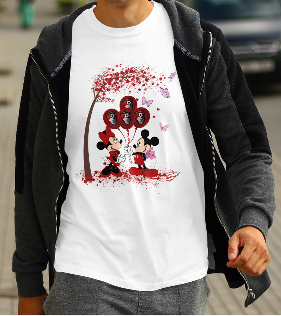DH 29 Premier League AFC Bournemouth Mickey Minnie Balloons Tree Butterflies T-Shirt