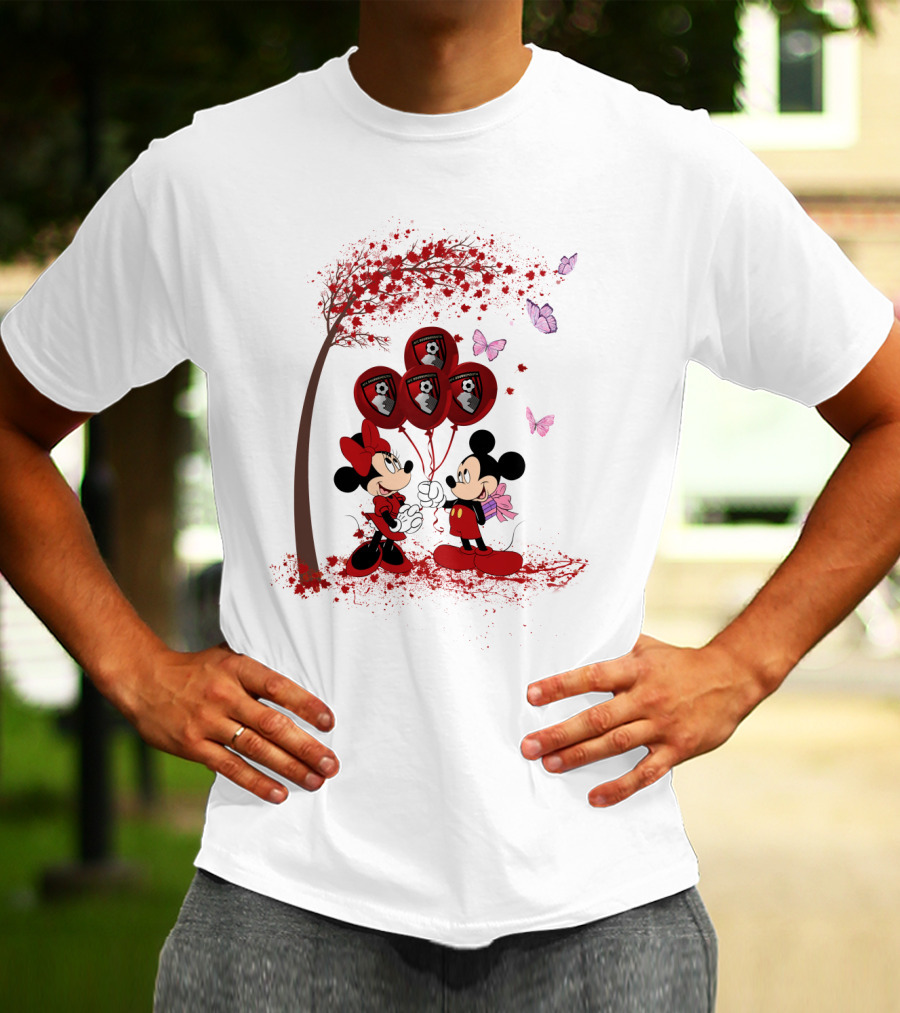 DH 29 Premier League AFC Bournemouth Mickey Minnie Balloons Tree Butterflies T-Shirt