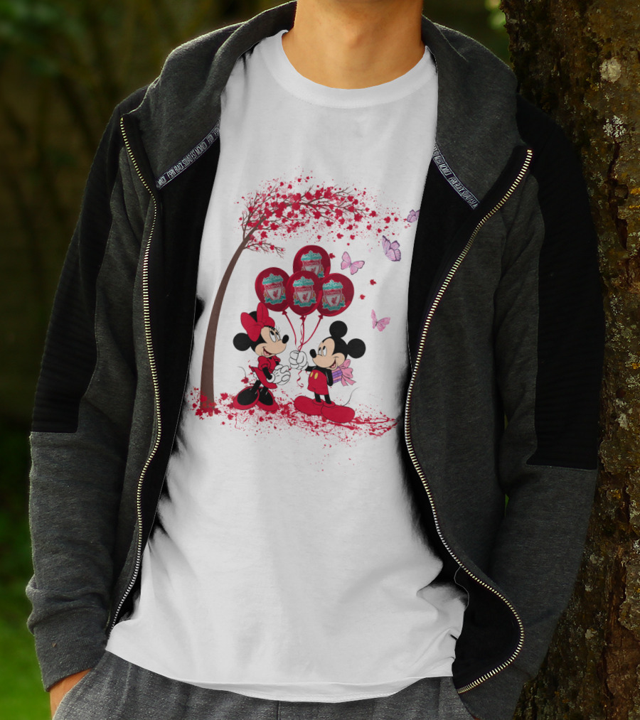 Mickey Minnie Holding Liverpool FC Balloons Under Blossoming Tree With Butterflies T-Shirt
