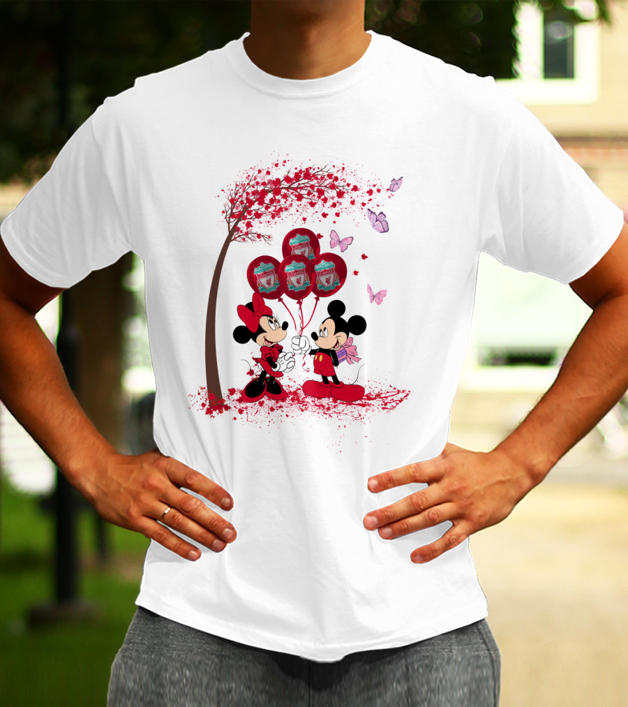 Mickey Minnie Holding Liverpool FC Balloons Under Blossoming Tree With Butterflies T-Shirt