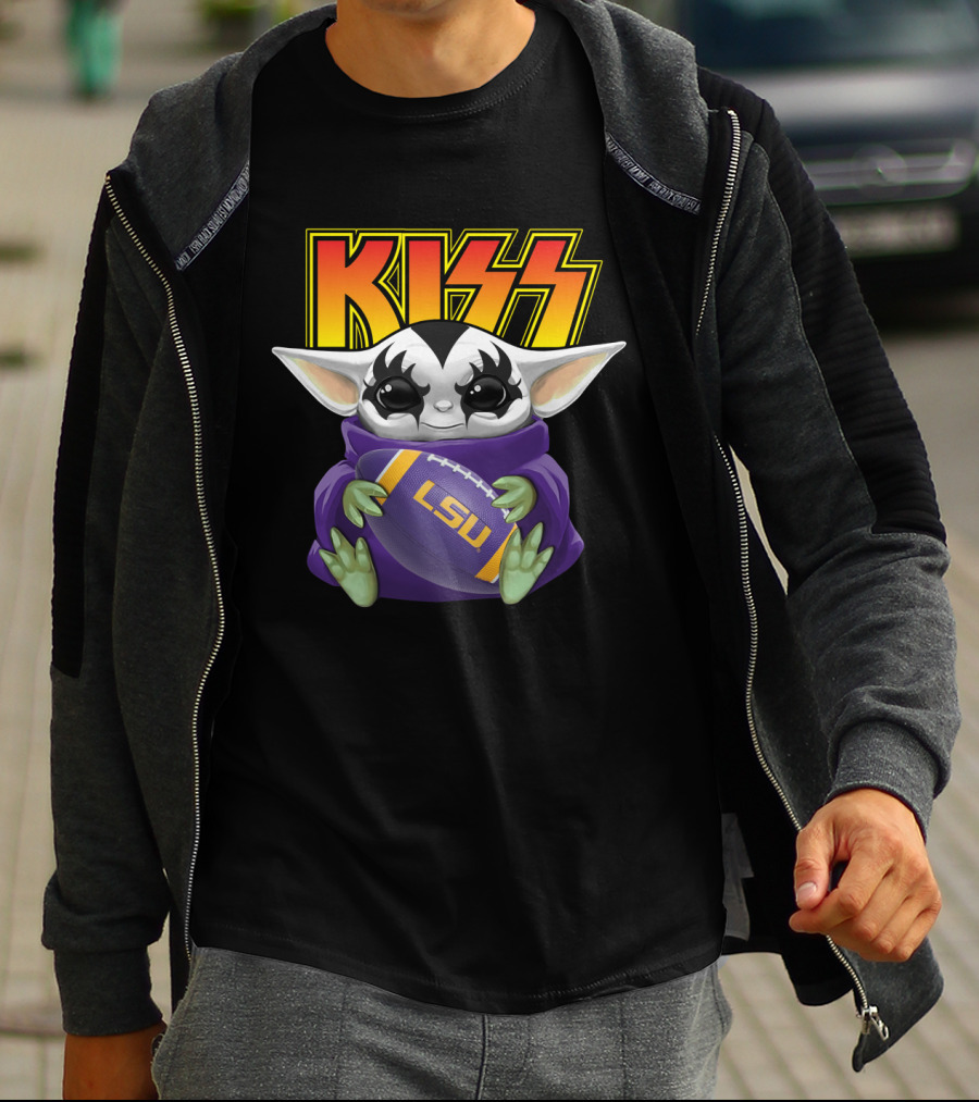 KISS Baby Yoda Holding LSU Tigers Football T-Shirt