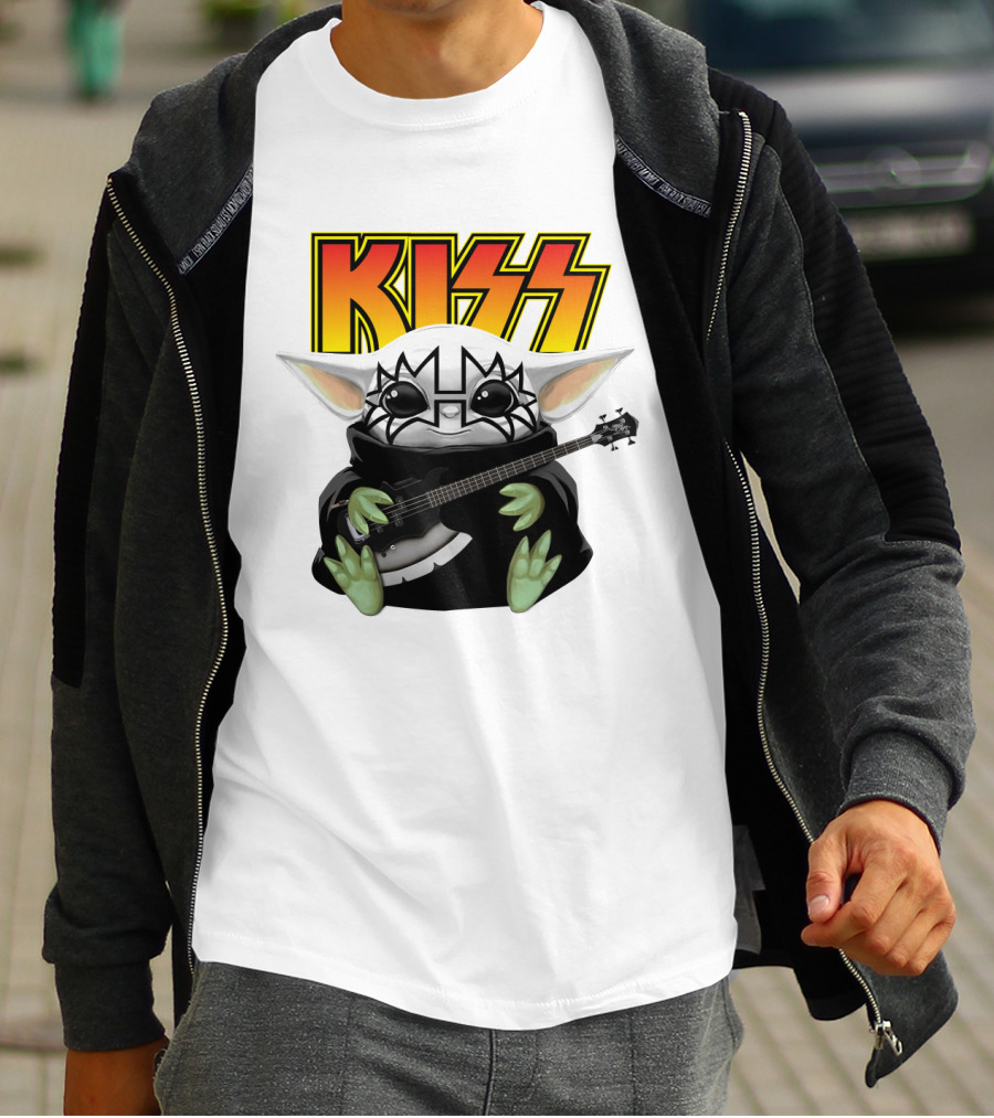 KISS Baby Yoda With Guitar In Tommy Thayer Makeup T-Shirt
