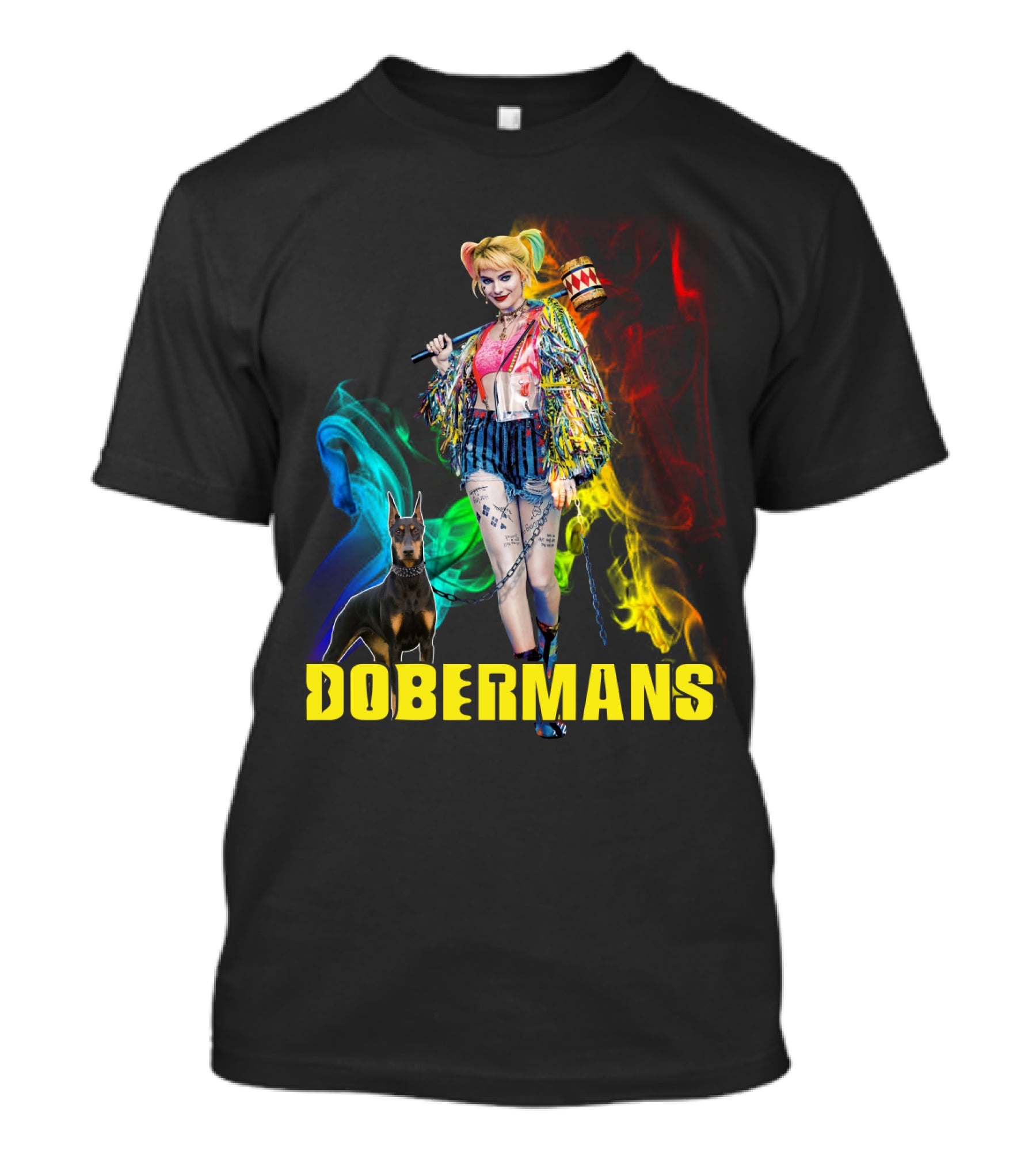 Harley Quinn Dobermans Colorful Character With Mallet And Dog T-Shirt