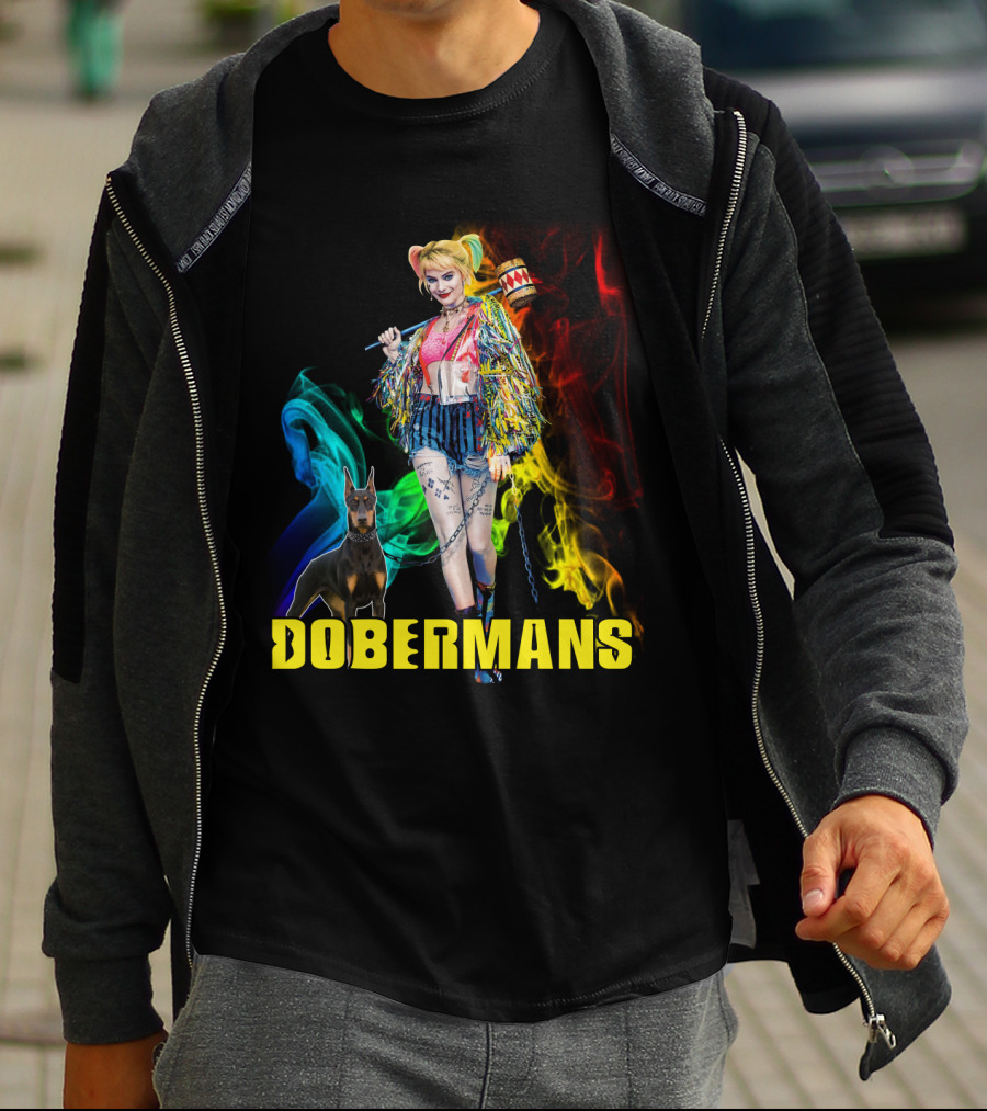 Harley Quinn Dobermans Colorful Character With Mallet And Dog T-Shirt