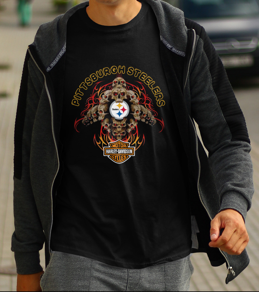 Pittsburgh Steelers Harley Davidson Motorcycle Skulls T-Shirt