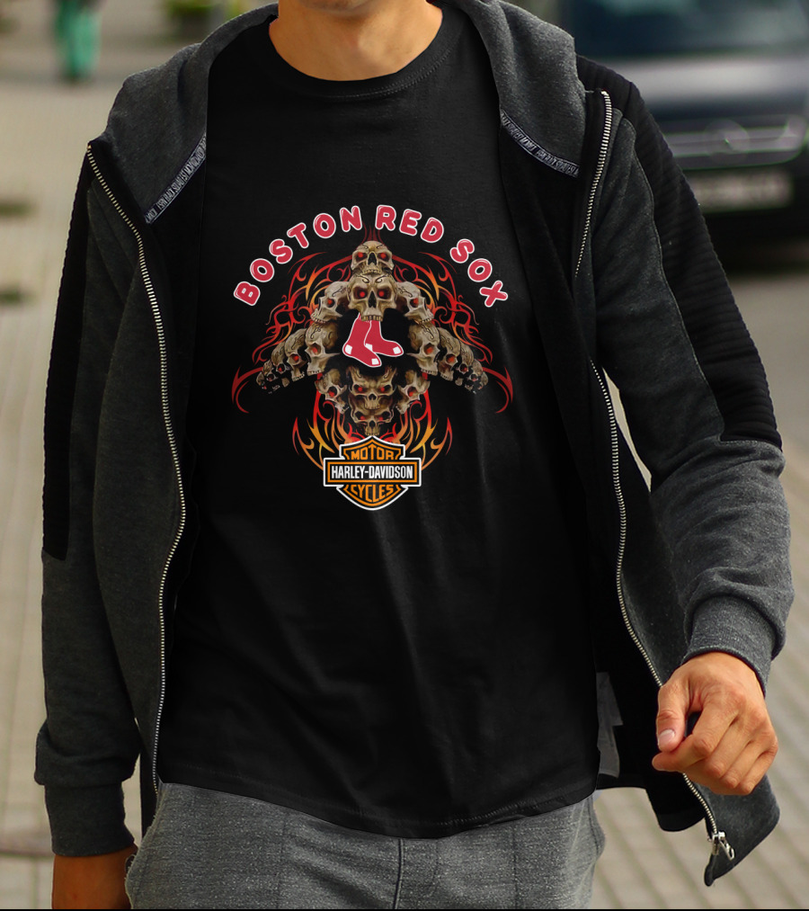 Boston Red Sox Harley Davidson Motorcycle Skulls T-Shirt