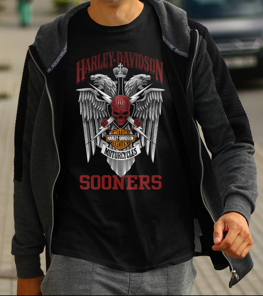 Harley Davidson Motorcycles Oklahoma Sooners Ou Skull Crest T-Shirt