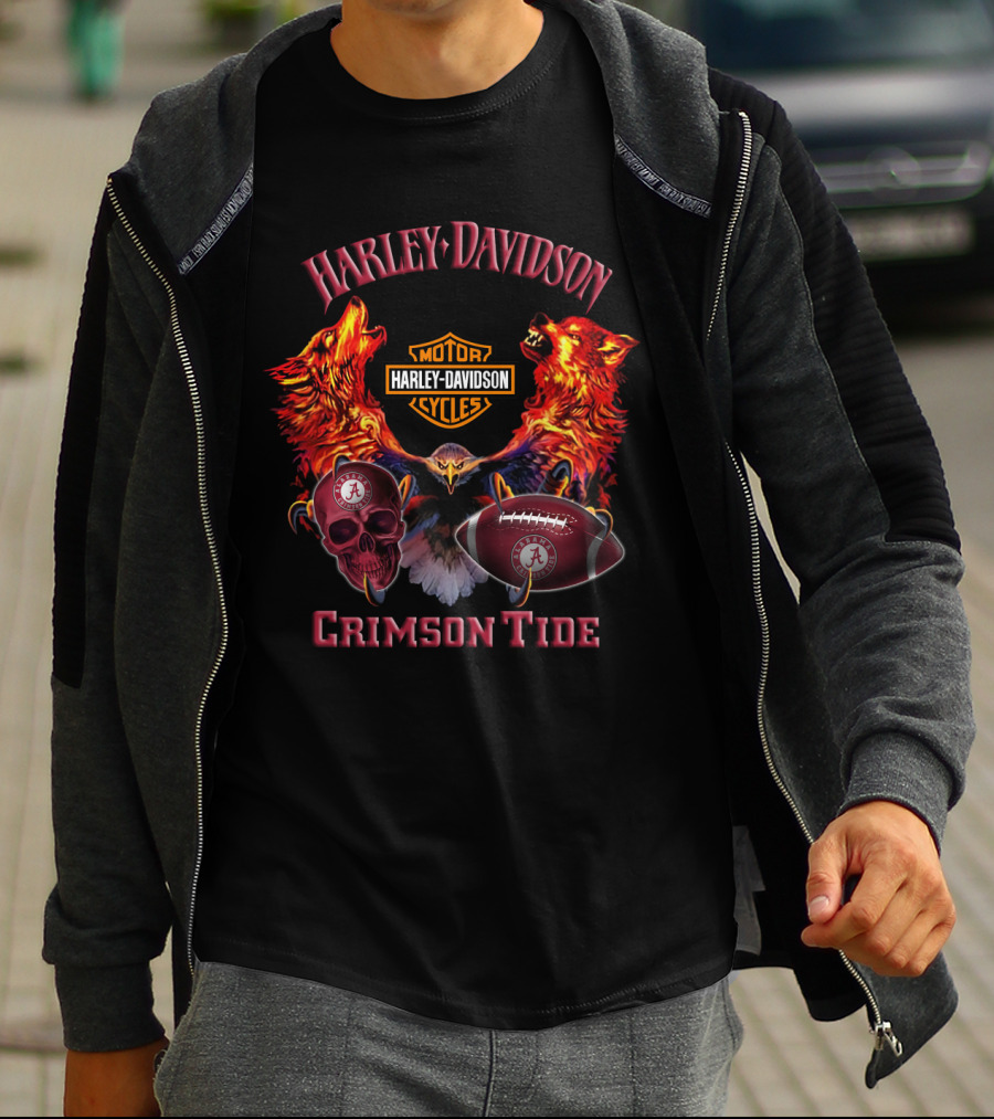 Harley Davidson Crimson Tide Motorcycle Alabama Football Wolves Eagle Skull T-Shirt