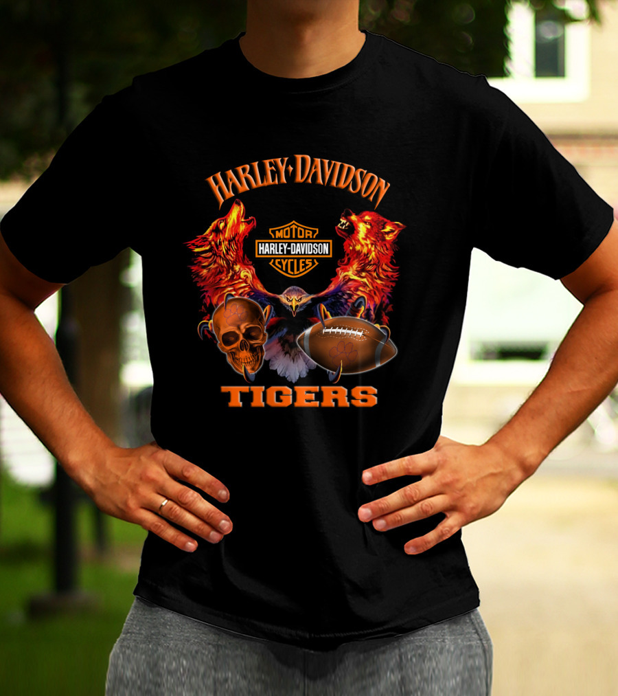 Harley Davidson Tigers Football Motorcycle Skulls Wolves T-Shirt