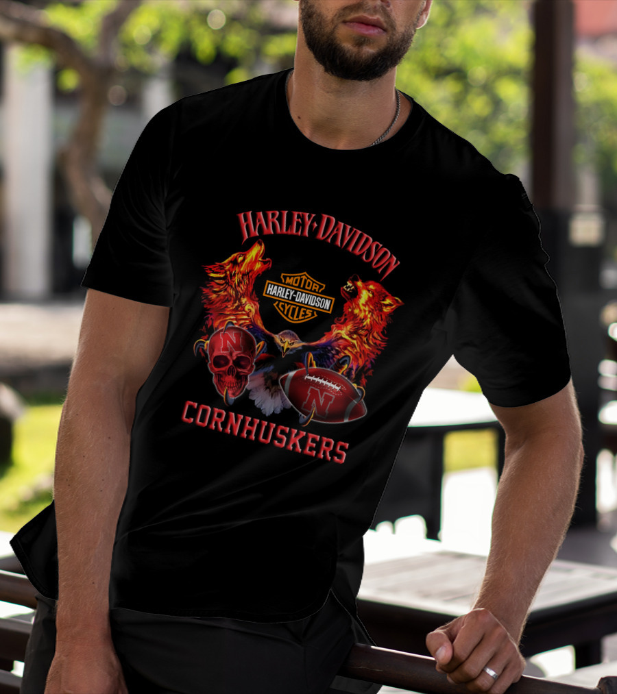Harley Davidson Nebraska Cornhuskers Football Skull Wolves T-Shirt