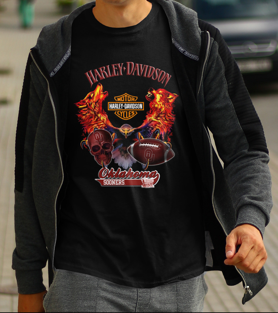 Harley Davidson Oklahoma Sooners Wolves Eagle Skull Football T-Shirt