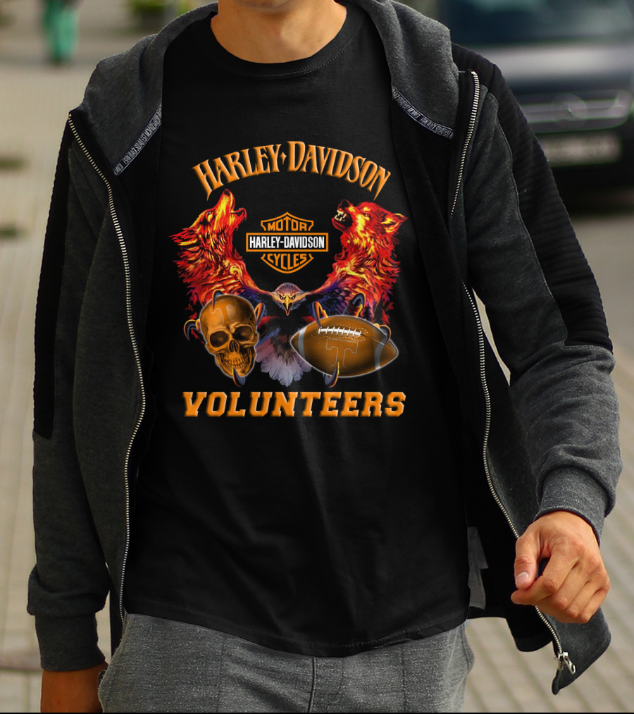 Harley Davidson Motor Cycles Tennessee Volunteers Wolves Skull Football T-Shirt