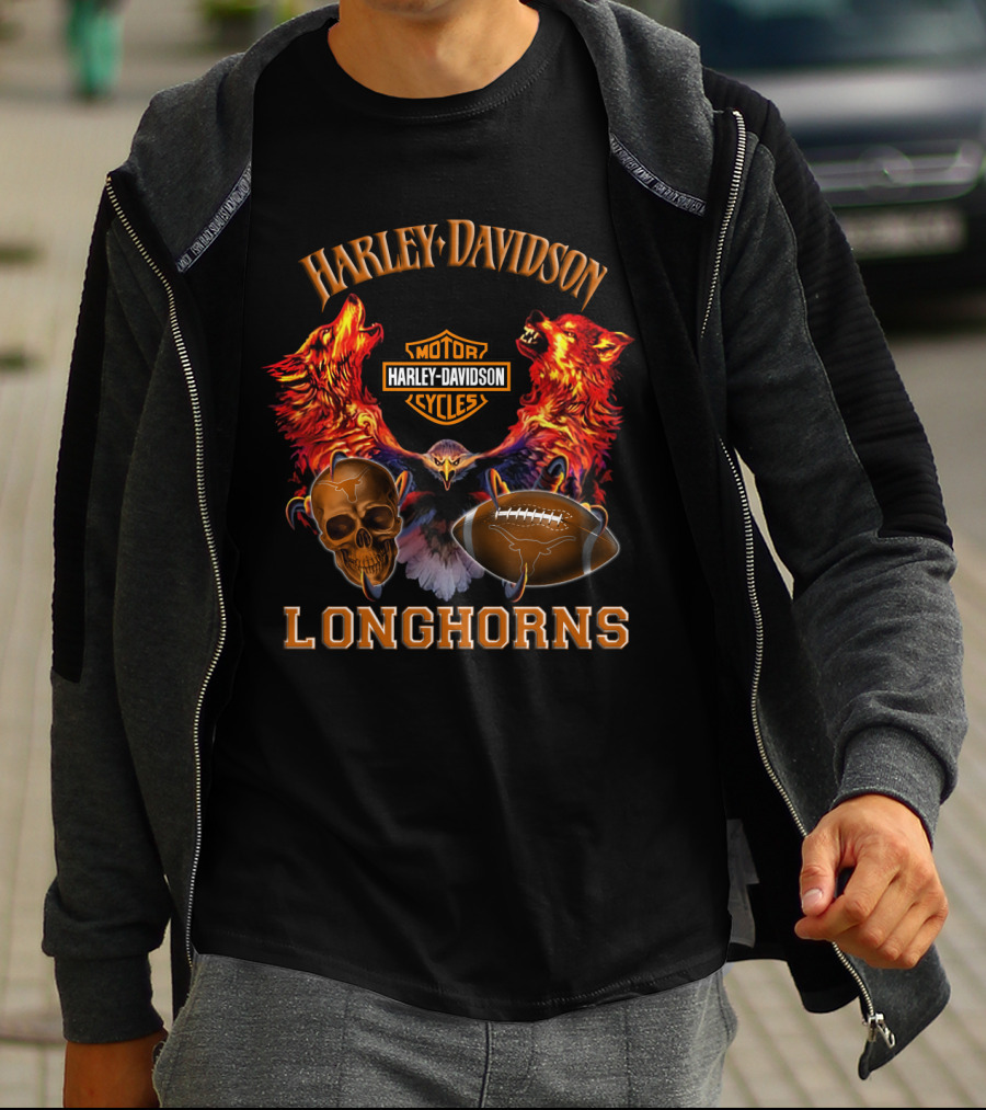 Harley Davidson Longhorns Texas Football Wolves Skull And Motorcycle T-Shirt