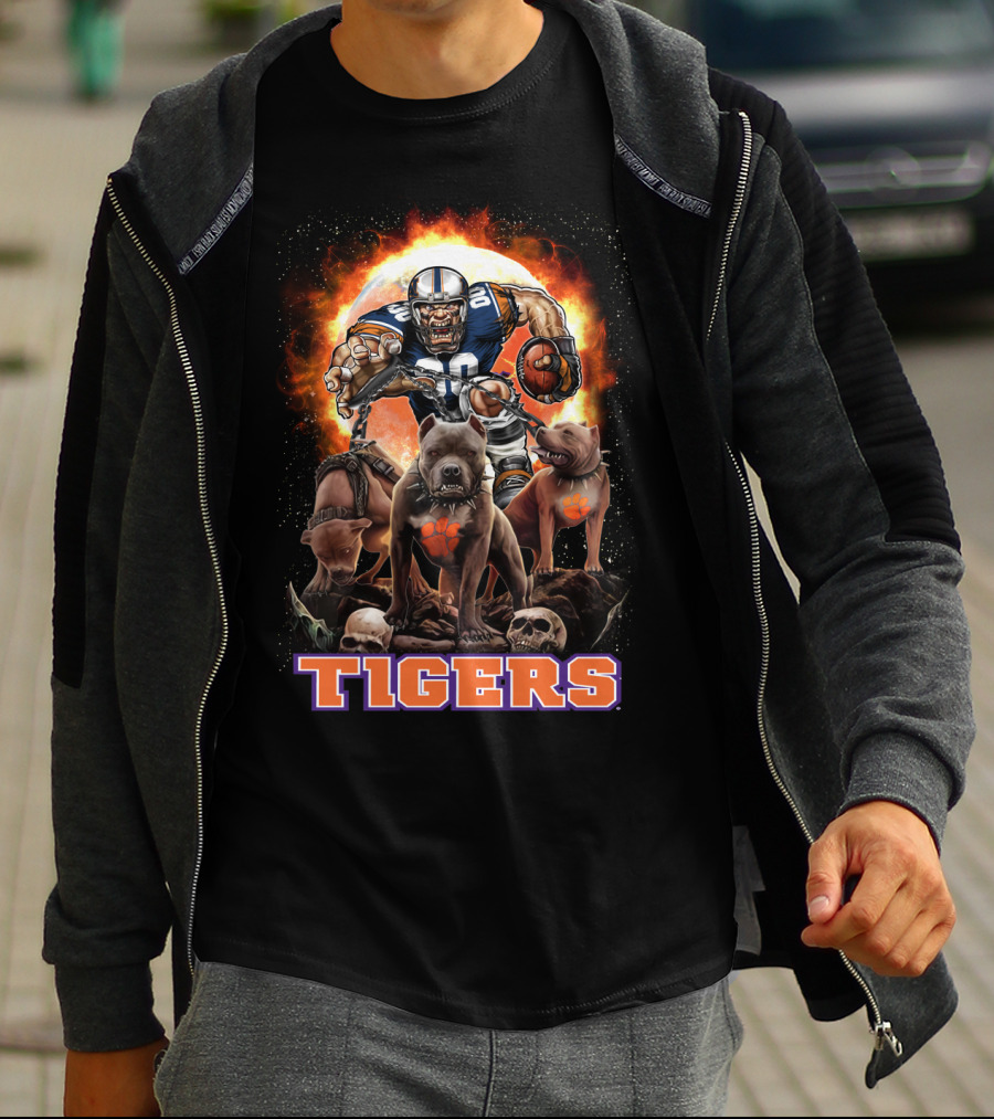 Tigers Football Warrior With Dogs And Skulls In Front Of Fiery T-Shirt