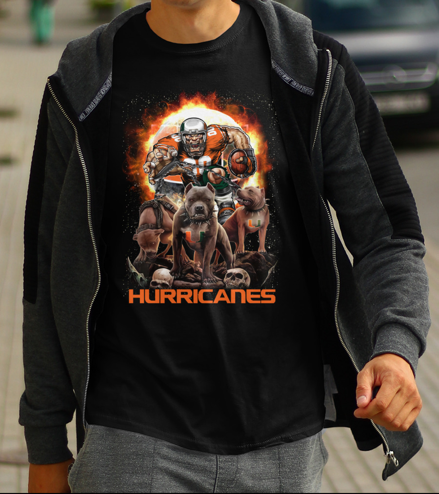 Hurricanes Dh 49 Miami Football Dogs And Skull Action Scene T-Shirt