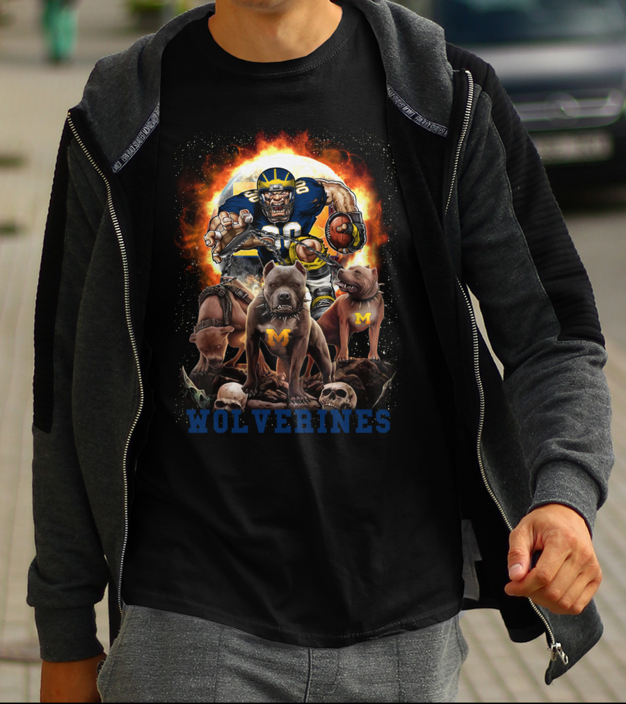 Michigan Wolverines Football Player With Dogs And Flames T-Shirt