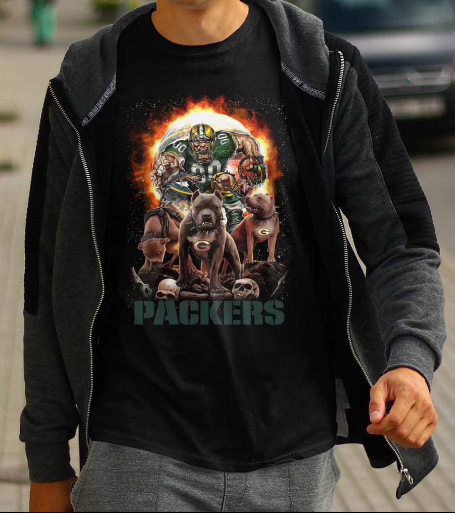 Packers Fierce Football Warrior With Dogs And Flaming T-Shirt