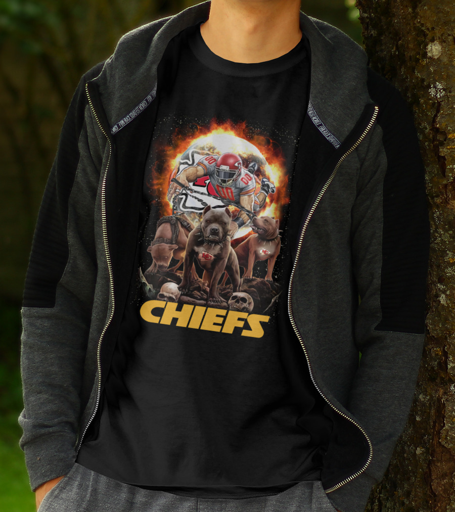 Chiefs Football Player With Dogs And Fiery T-Shirt