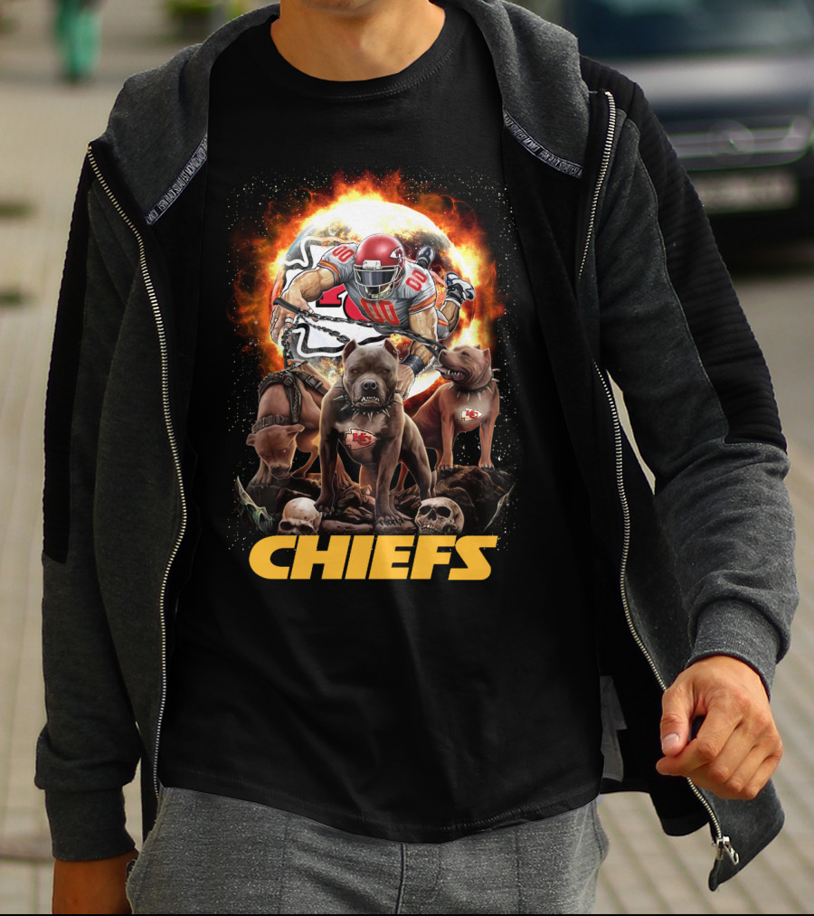 Chiefs Football Player With Dogs And Fiery T-Shirt