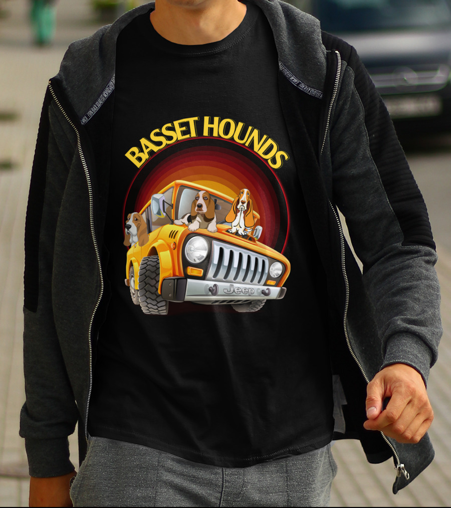Basset Hounds Jeep Adventure With Dh 51 Basset Hounds Car T-Shirt