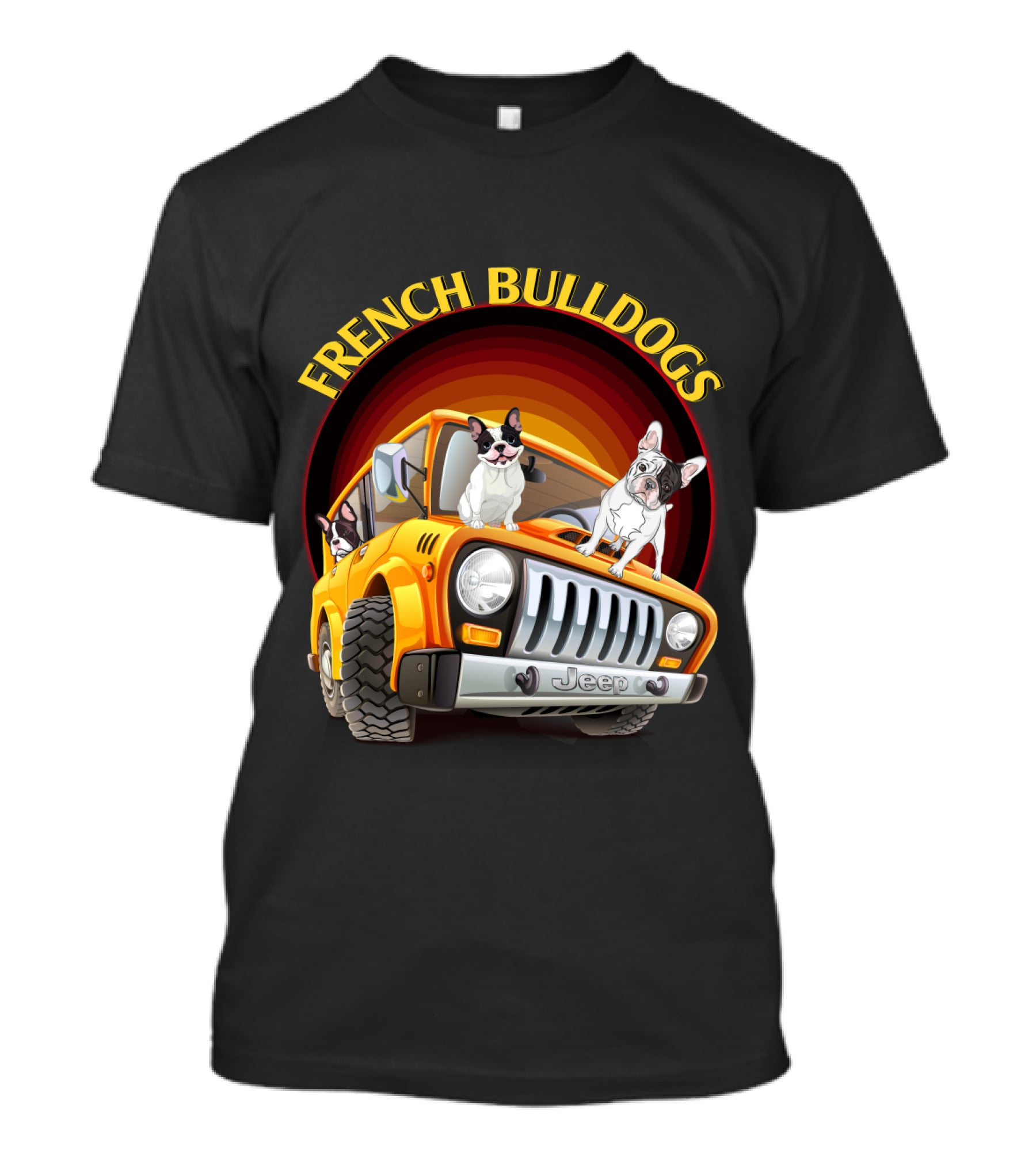 French Bulldogs In Orange Jeep T-Shirt