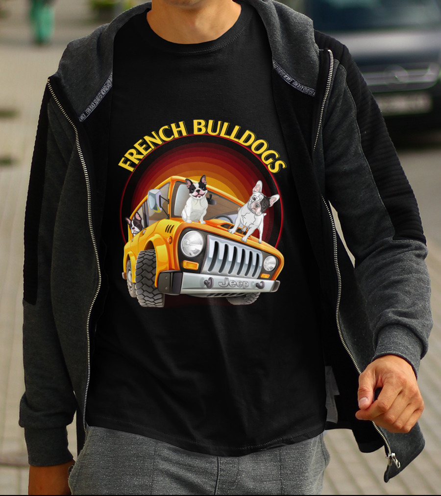French Bulldogs In Orange Jeep T-Shirt