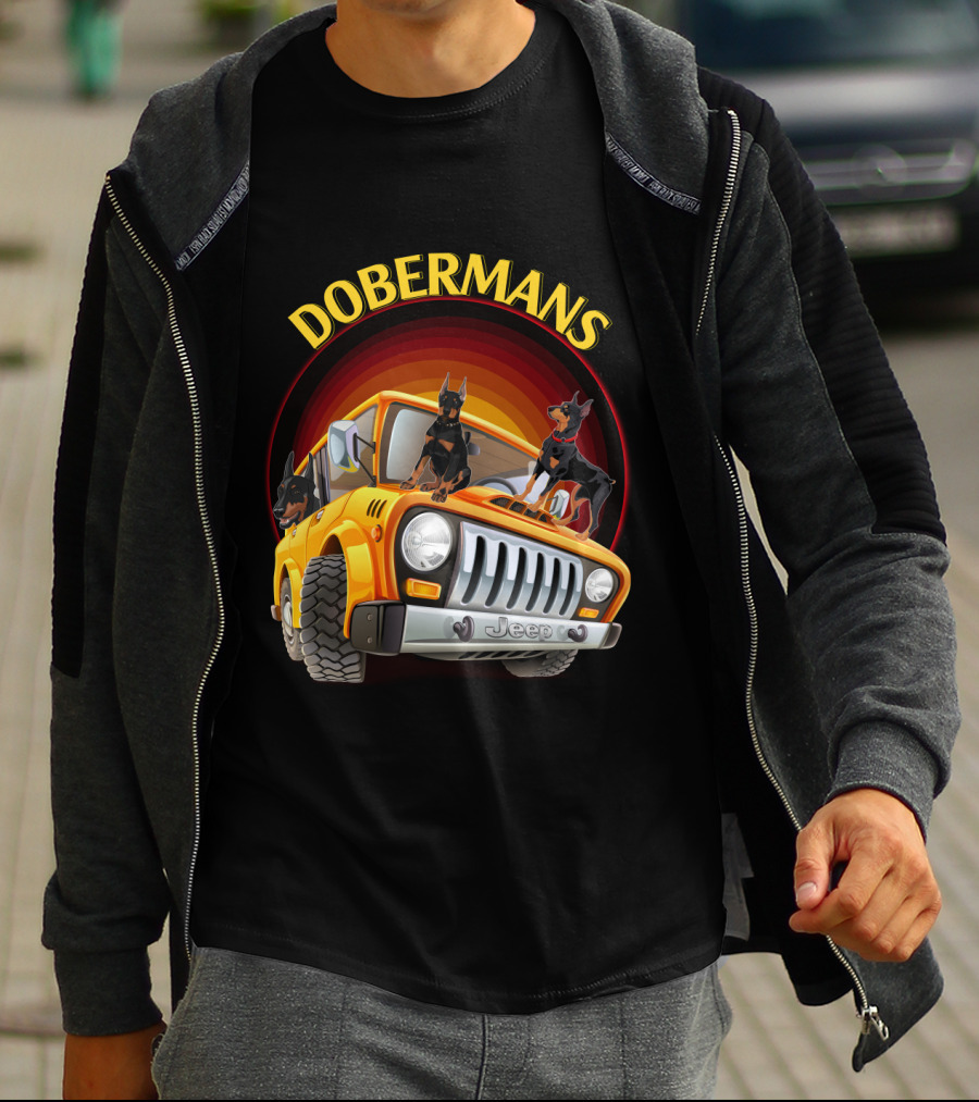 Dobermans Riding Yellow Jeep Adventure T-Shirt