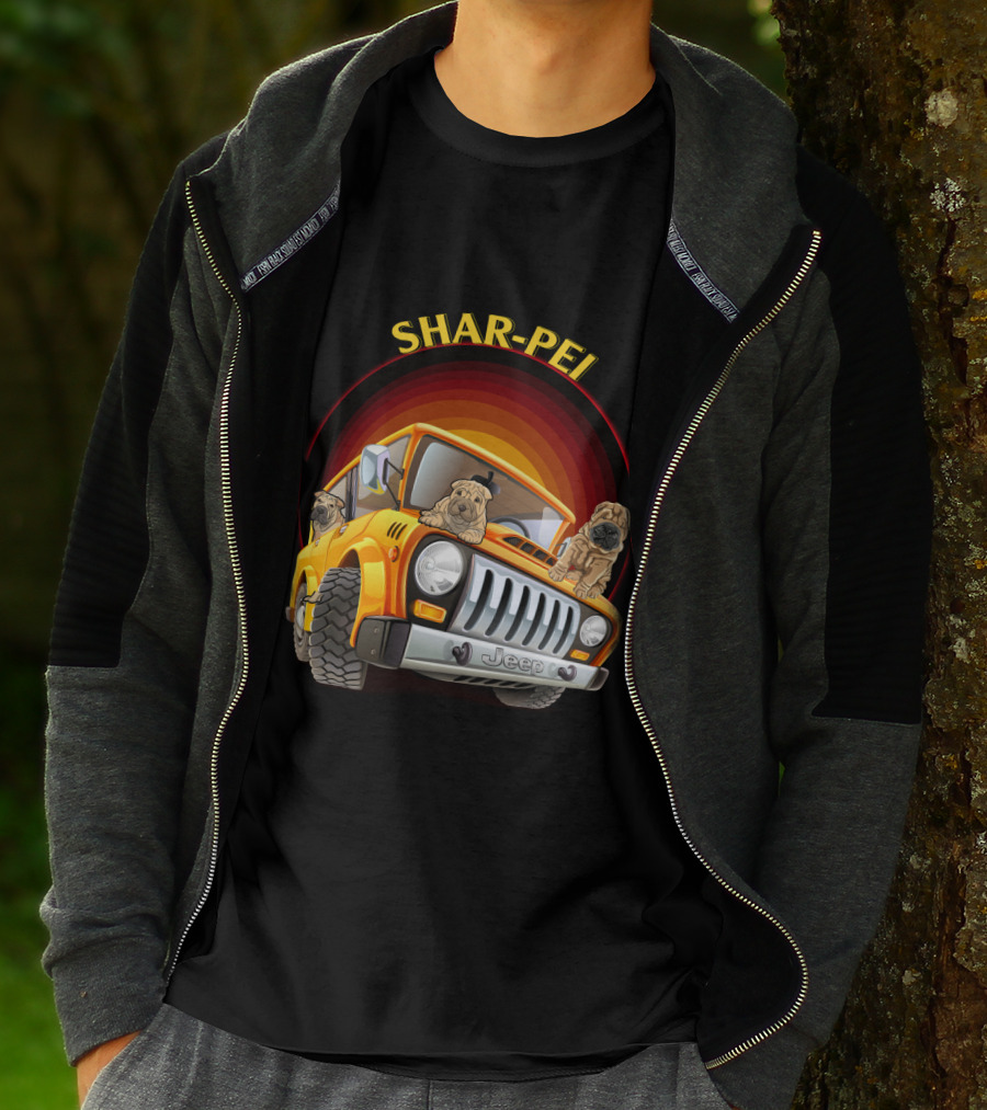 Shar-Pei Jeep Orange With Three Puppies T-Shirt