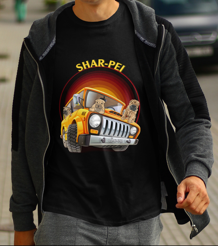 Shar-Pei Jeep Orange With Three Puppies T-Shirt