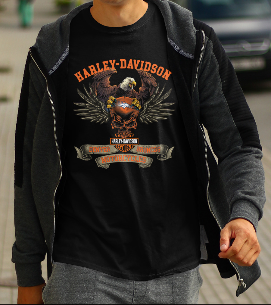 Harley Davidson Denver Broncos Motorcycles Eagle Skull T-Shirt