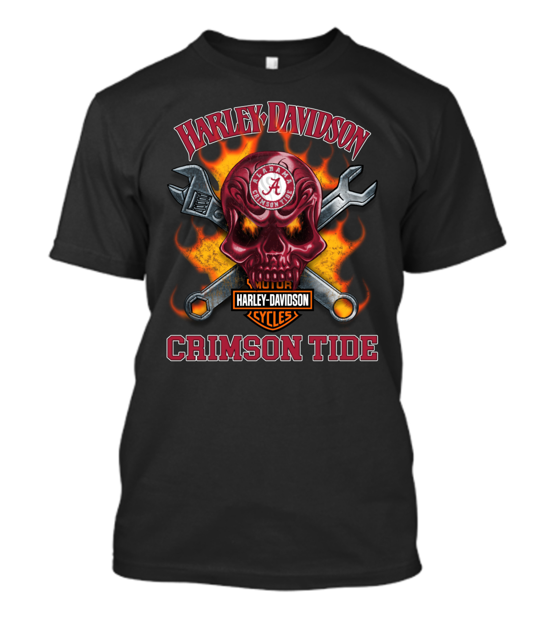 Harley Davidson Alabama Crimson Tide Skull With Wrenches And Flames T-Shirt