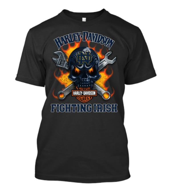 Harley Davidson Fighting Irish Notre Dame Nd Skull Wrench Flames T-Shirt