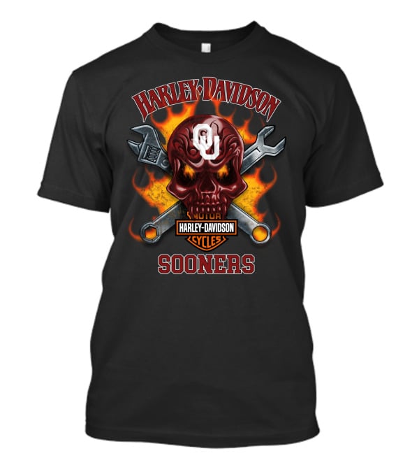 Harley Davidson Motor Cycles Oklahoma Sooners Ou Skull Wrenches Flames T-Shirt