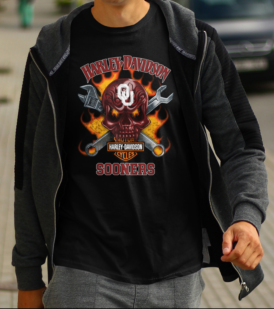 Harley Davidson Motor Cycles Oklahoma Sooners Ou Skull Wrenches Flames T-Shirt