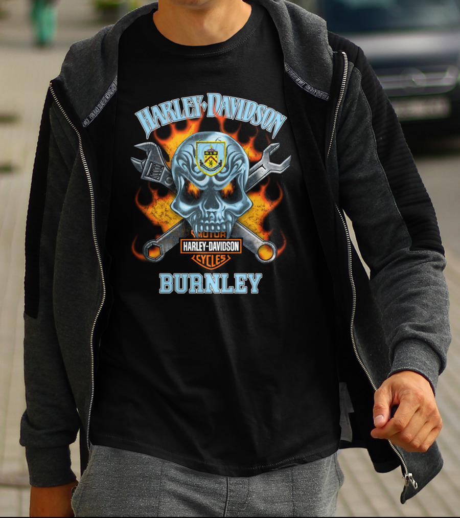 Harley Davidson Motor Cycles Burnley Skull And Tools Flames T-Shirt
