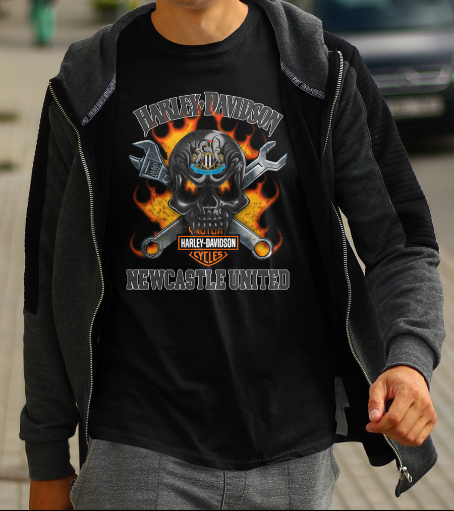 Harley Davidson Motor Cycles Skull Flames Newcastle United T-Shirt