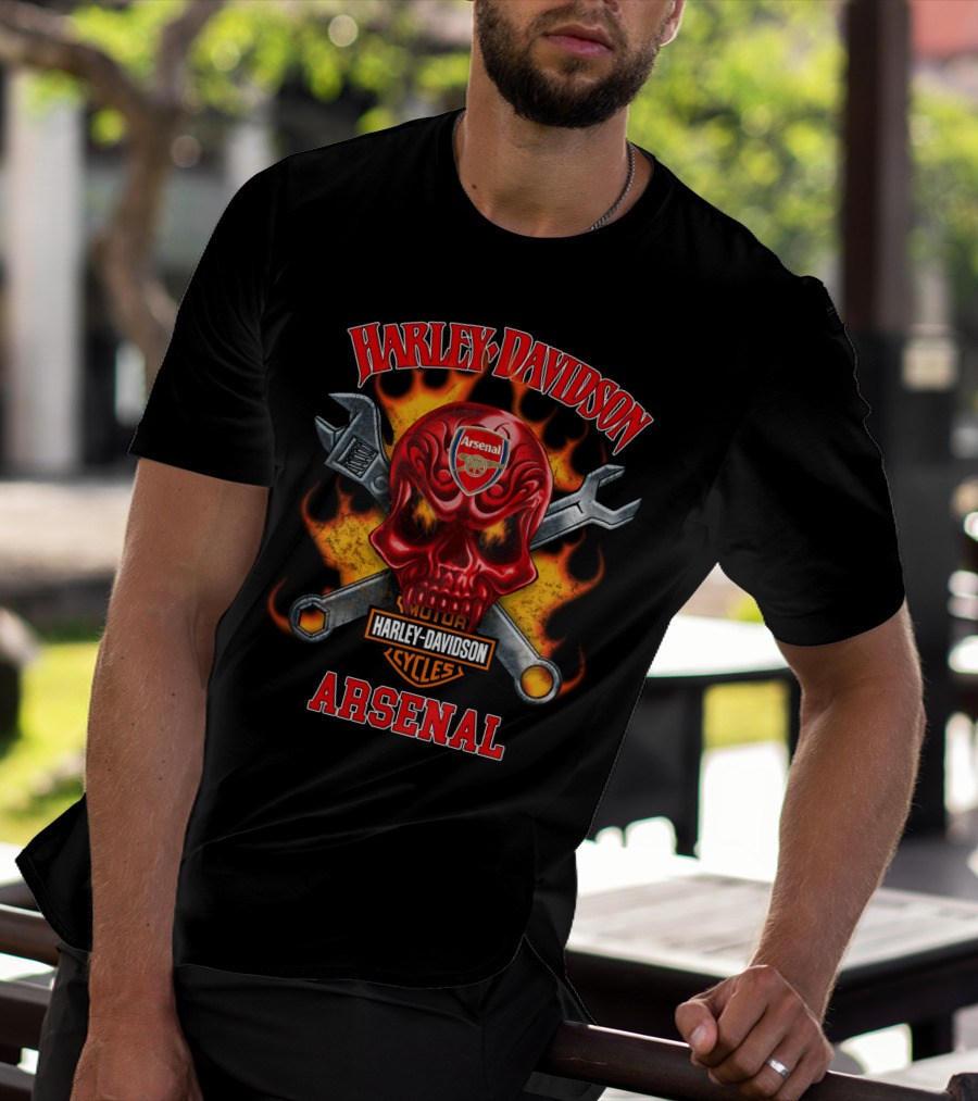 Harley Davidson Motor Cycles Arsenal Skull Wrench Flame T-Shirt
