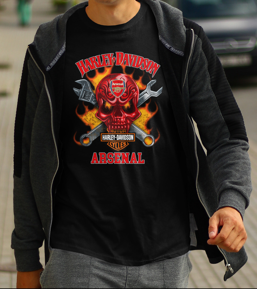 Harley Davidson Motor Cycles Arsenal Skull Wrench Flame T-Shirt