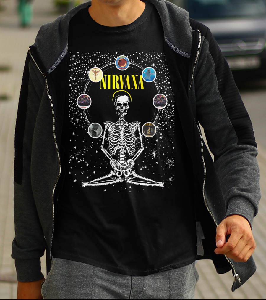 Nirvana Skeleton Meditation Album Circle Cosmic Art T-Shirt