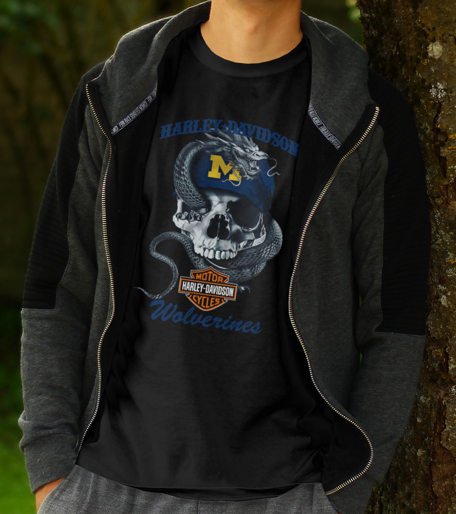 Harley Davidson Michigan Wolverines Skull Dragon Motor Cycles T-Shirt