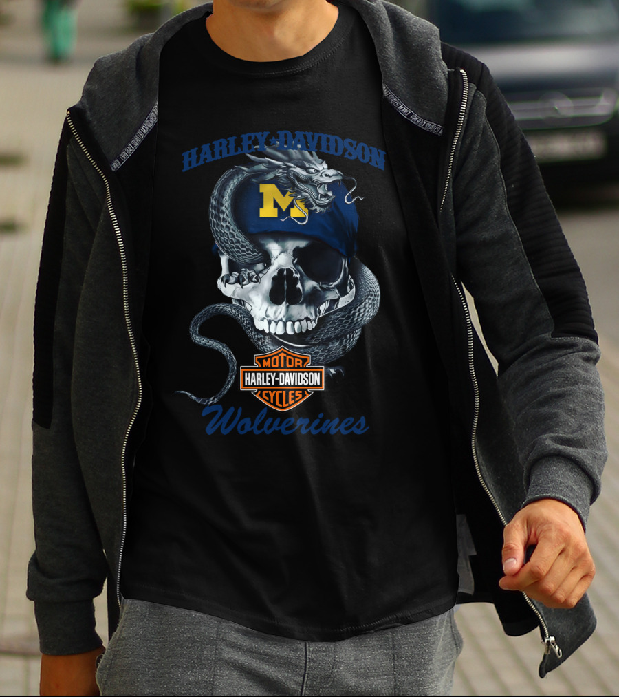 Harley Davidson Michigan Wolverines Skull Dragon Motor Cycles T-Shirt