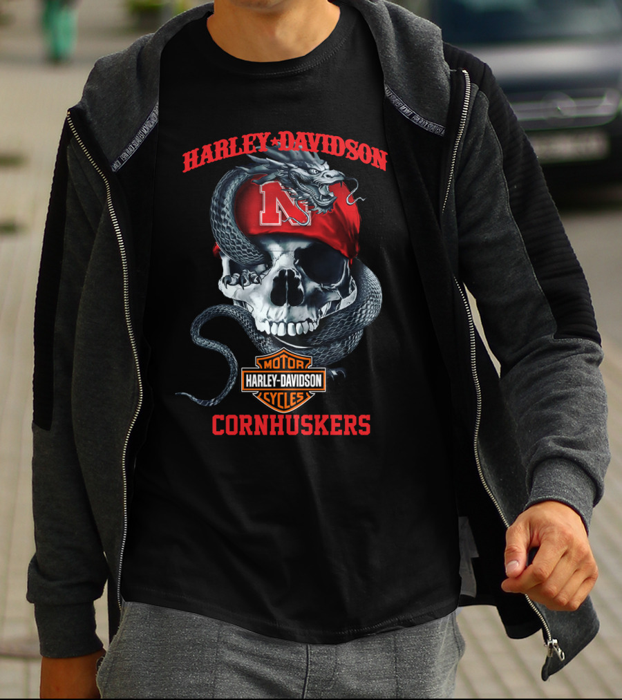 Harley Davidson Cornhuskers Skull Snake Nebraska N T-Shirt