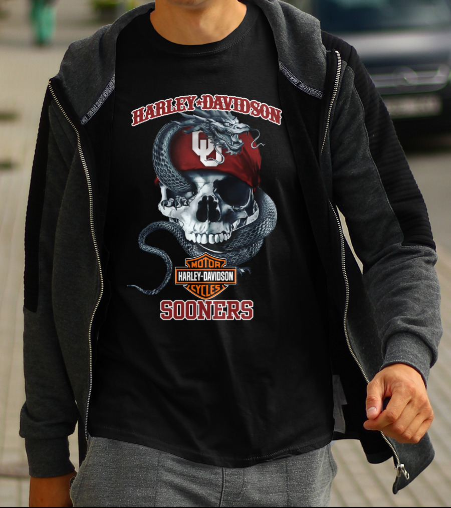 Harley Davidson Oklahoma Sooners Skull With Snake And Ou Cap T-Shirt