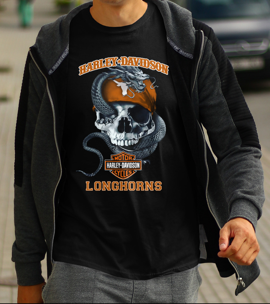 Harley Davidson Motor Cycles Skull With Snake And Texas Longhorns T-Shirt