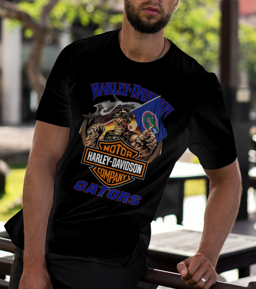 Harley Davidson Gators Skeleton With Florida Gators Flag T-Shirt