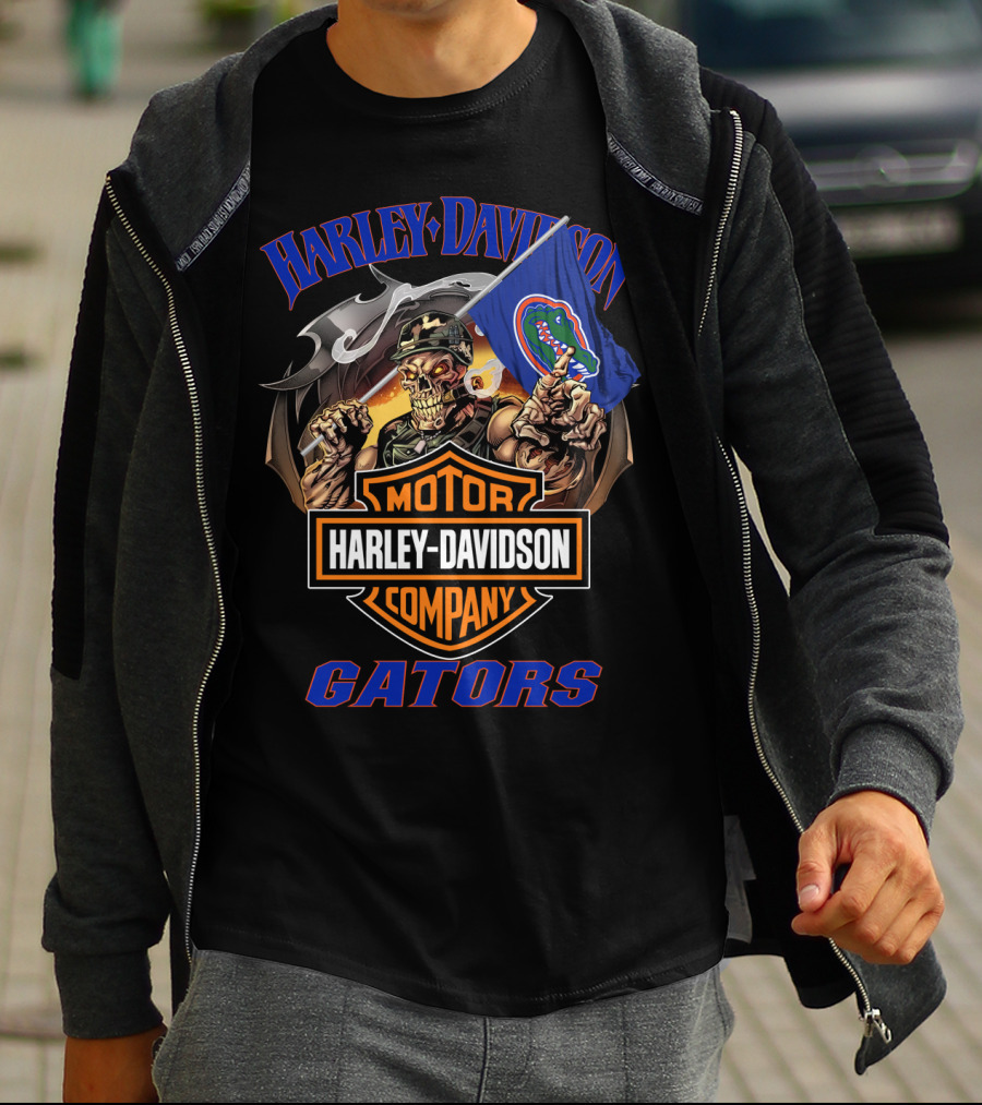Harley Davidson Gators Skeleton With Florida Gators Flag T-Shirt